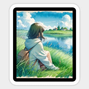 Sad Japanese Girl Stting on Lake Side - Anime Drawing Sticker